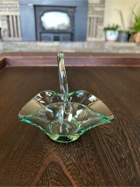 Vintage Hand Blown Clear Glass Basket Dish Green Tint Applied Handle
